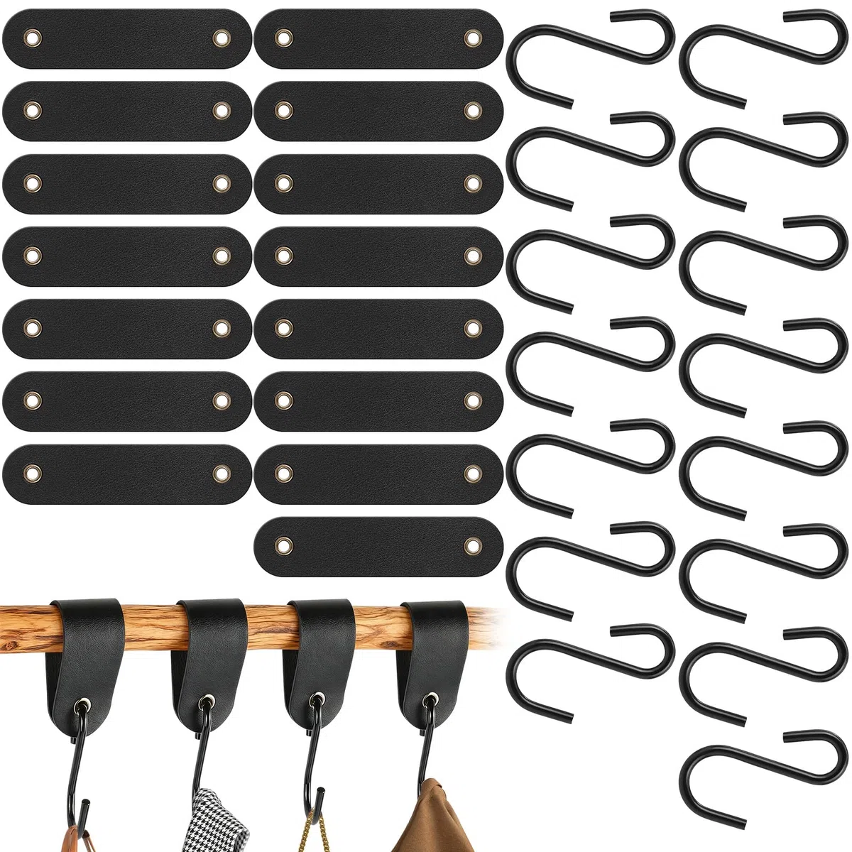 15Pcs Ganci a S con Striscia Pelle, Gancio Appendiabiti Campeggio Acciaio Inox Nero, Ganci Cappotti Passeggino Gancetti Cucina Metallo Multifunzionali per Appendere Vestiti Asciugamani Armadio Tazze