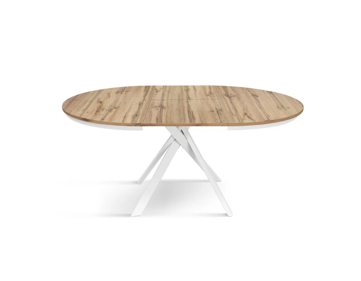 PAZZO DESIGN Tavolo Rotondo Allungabile Gabri, Tavolo Soggiorno, Cucina, Gambe Incrociate Shangay Bianche, Made in Italy, Rovere Rustico, da 120 a 170 cm - id_2177