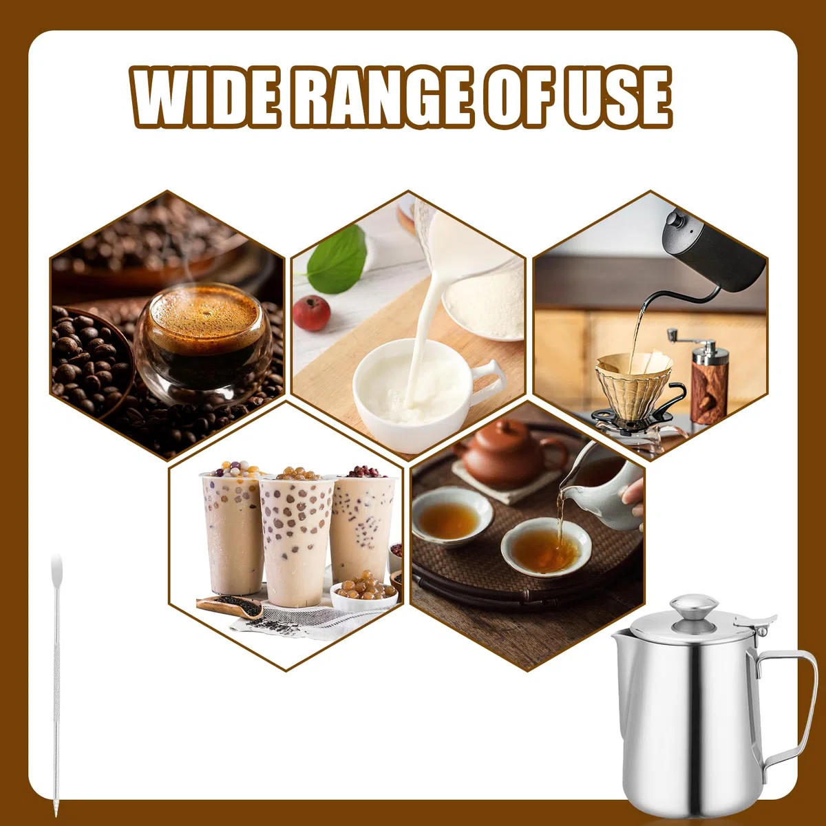 Brocca per latte con coperchio, 350 ml, in acciaio inox, per latte, caffè, caffè, cappuccino (2P)