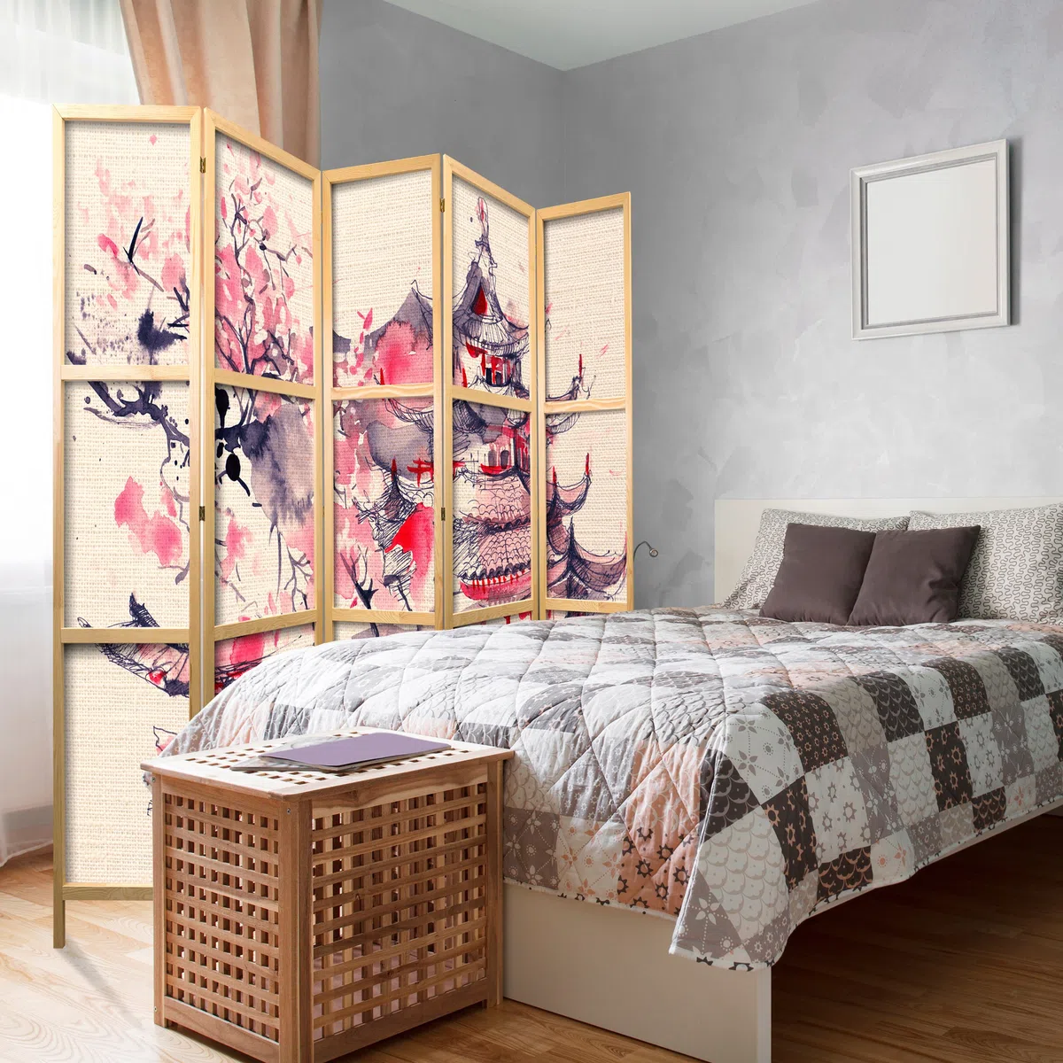decomonkey 5 Panelli Paravento - 225 x 171cm Japan Flowers Divisorio Separè per la separazione degli ambienti la casa l'ufficio la spa