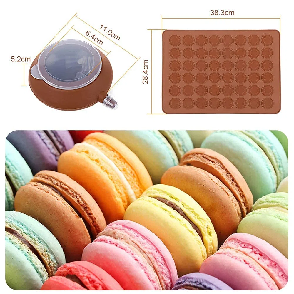 GROOFOO Set di Stampi Macarons Stampo in Silicone, 48 Conchiglie Vassoio da Forno Antiaderente con Set di Penne Decorative e 4 Bus per Macaron, Cupcake, Dessert