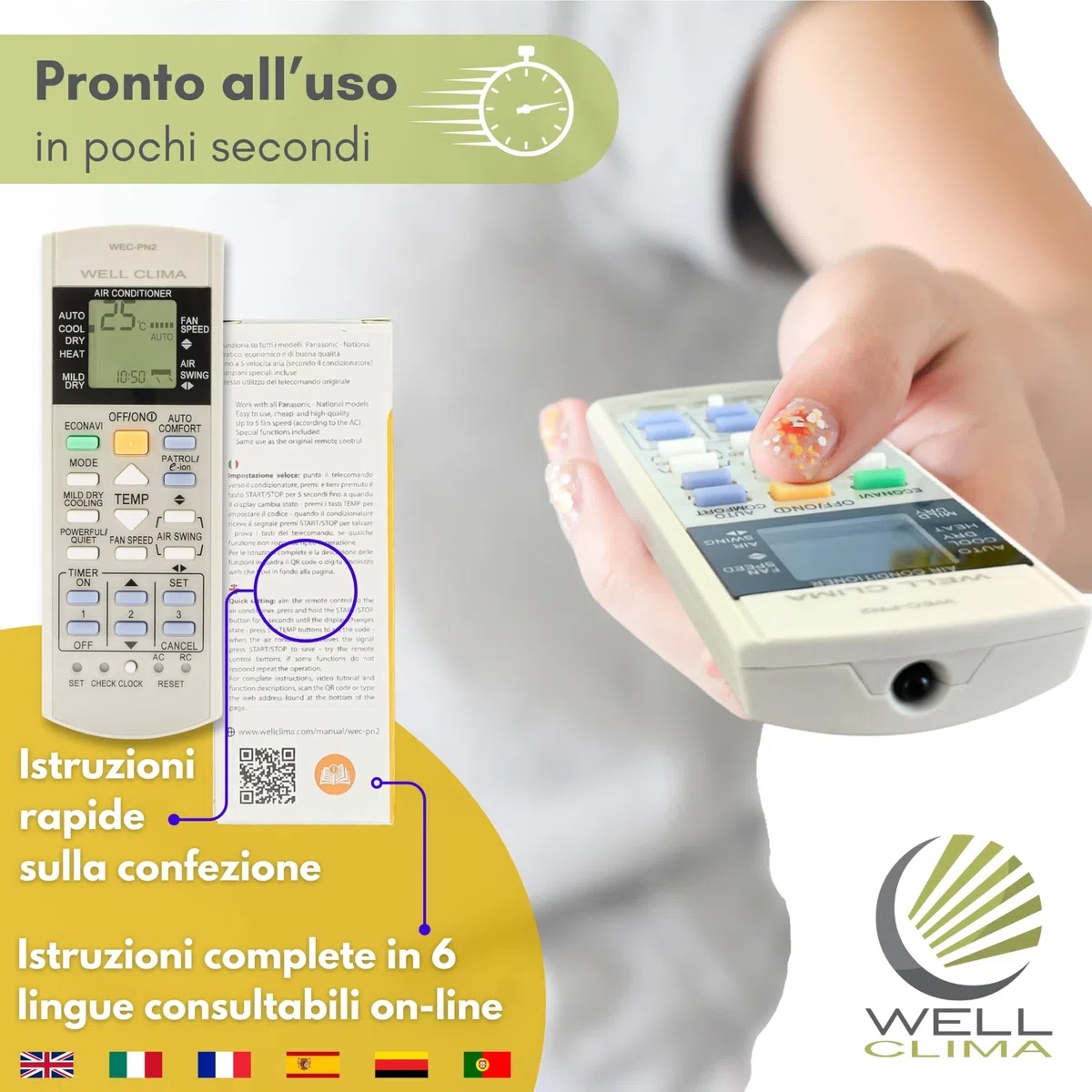 Wellclima Telecomando Universale specifico per Condizionatore Panasonic National, Compatibilità Totale Climatizzatore Pompa di Calore Inverter, Istruzioni Multilingua, Pronto all’Uso in pochi secondi