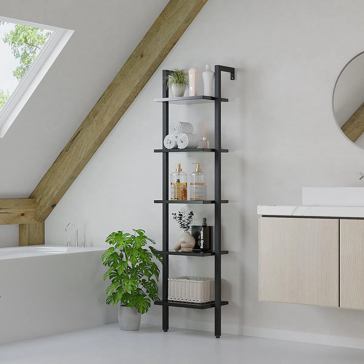 YMYNY Libreria, Scaffale a Scala, Contro Parete a 5 Ripiani, Scaffali Aperti per Casaper, Soggiorno, Ufficio, Cucina, Camera da Letto, 40 x 30 x 178CM, Industriale, Nero HBC015B