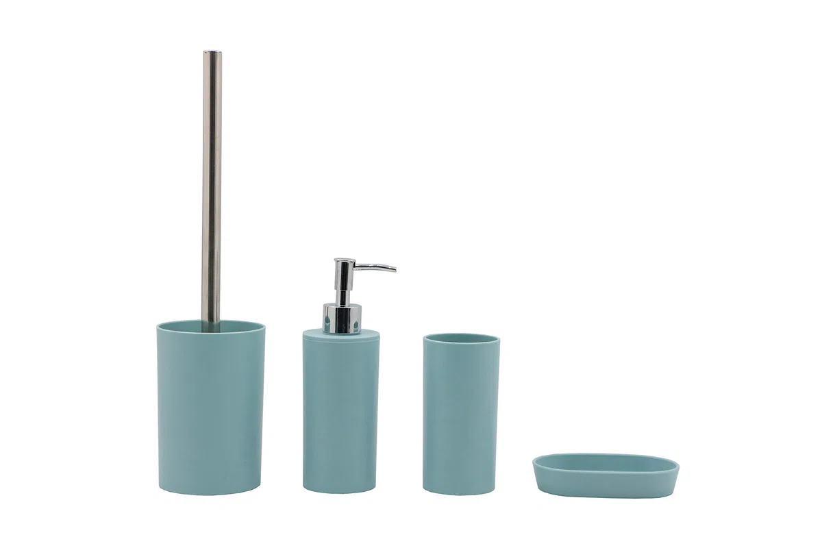 BM 4049 Set di Accessori da Bagno in Plastica, Set Accessori Bagno Completo 4 Pezzi, Dispenser, Portaspazzolino, Portasaponetta, Portascopino Turchese