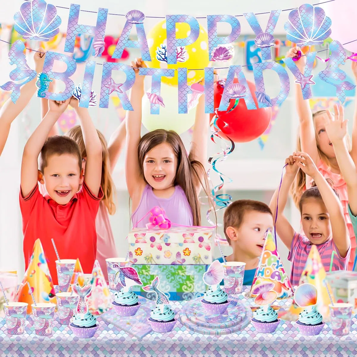 AKONE Set di stoviglie da festa a forma di sirena, 62 pezzi, decorazione di compleanno per bambini, piatti di carta, tazze, tovaglioli, tovaglie e striscioni di compleanno