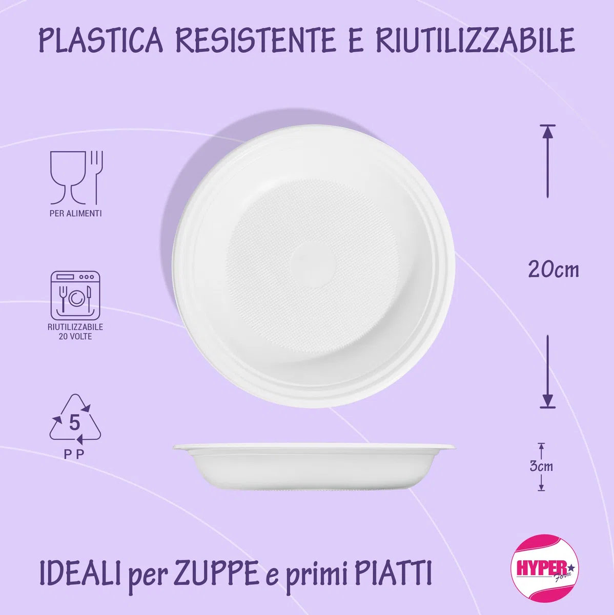 Hyper Form - 400 Piatti Fondi di Plastica Riutilizzabile Rigida, Lavabili 20 Cicli in Lavastoviglie