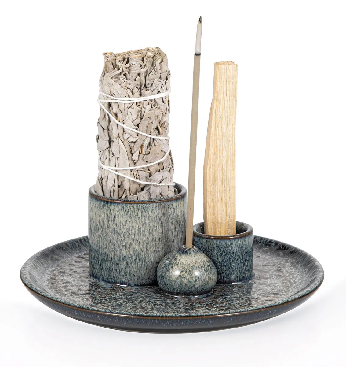 Porta Salvia in Ceramica, Porta Incenso 3 in 1 per Palo Santo e Salvia, Vassoio Artigianale per Cenere da Meditazione (Verde)