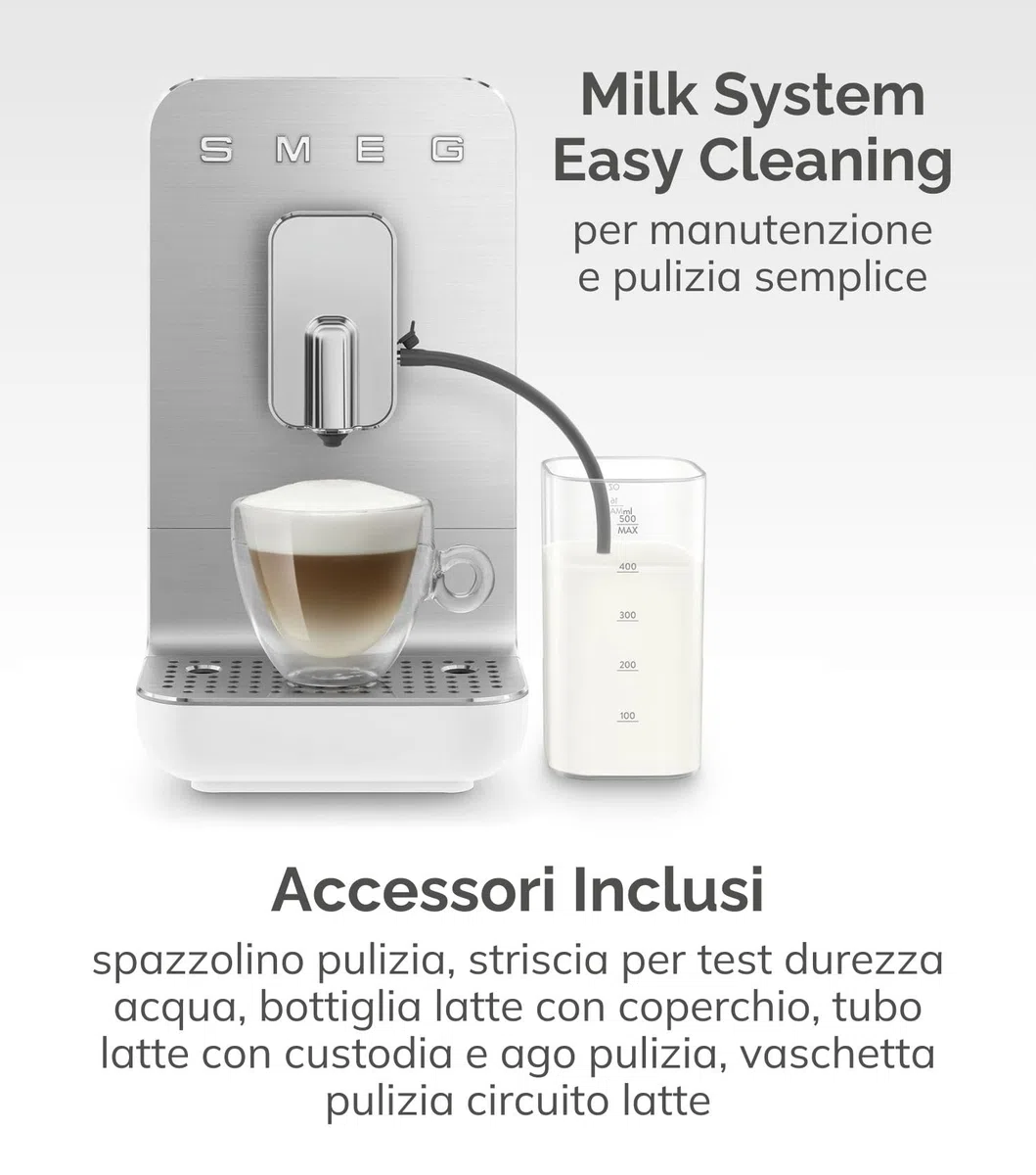 Smeg, Macchina da Caffè Espresso Automatica BCC13WHMEU, Sistema Latte, Macinacaffè Integrato, Sistema Thermoblock, 1,4 L, Cassetto Raccogligocce Rimovibile, Dimensioni Compatte, 1350W, Bianco