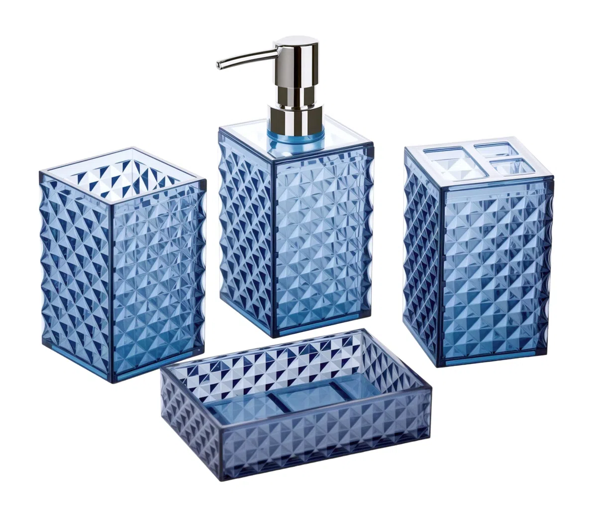 Set di 4 accessori da bagno blu navy blu navy accessori da bagno portaspazzolino dispenser set contiene portasapone bicchiere modello diamante controsoffitto bagno Vanity Decor Set plastica