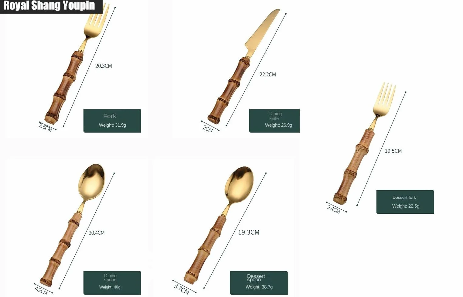 In Primo Piano Manico in Bambù Autentico Cucina Acciaio Inossidabile Posate Stoviglie Posate Coltelli Forchette Cucchiai Set Coltello Da Bistecca Per (Oro,20 pezzi)