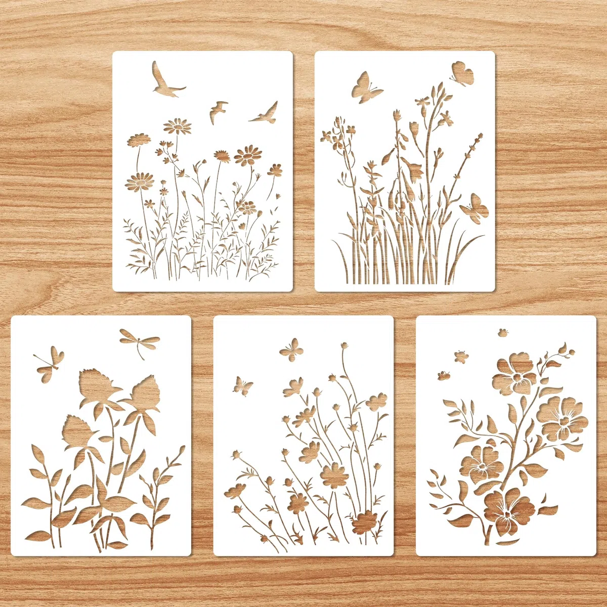 5pz Stencil Fiori Selvatici Grandi, Stencil Riutilizzabili di Foglie e Floreali Modelli Disegno Farfalle di Piante Vivaci per Dipingere su Tela Legno Artigianale Parete Fai Da Te (Stile A)