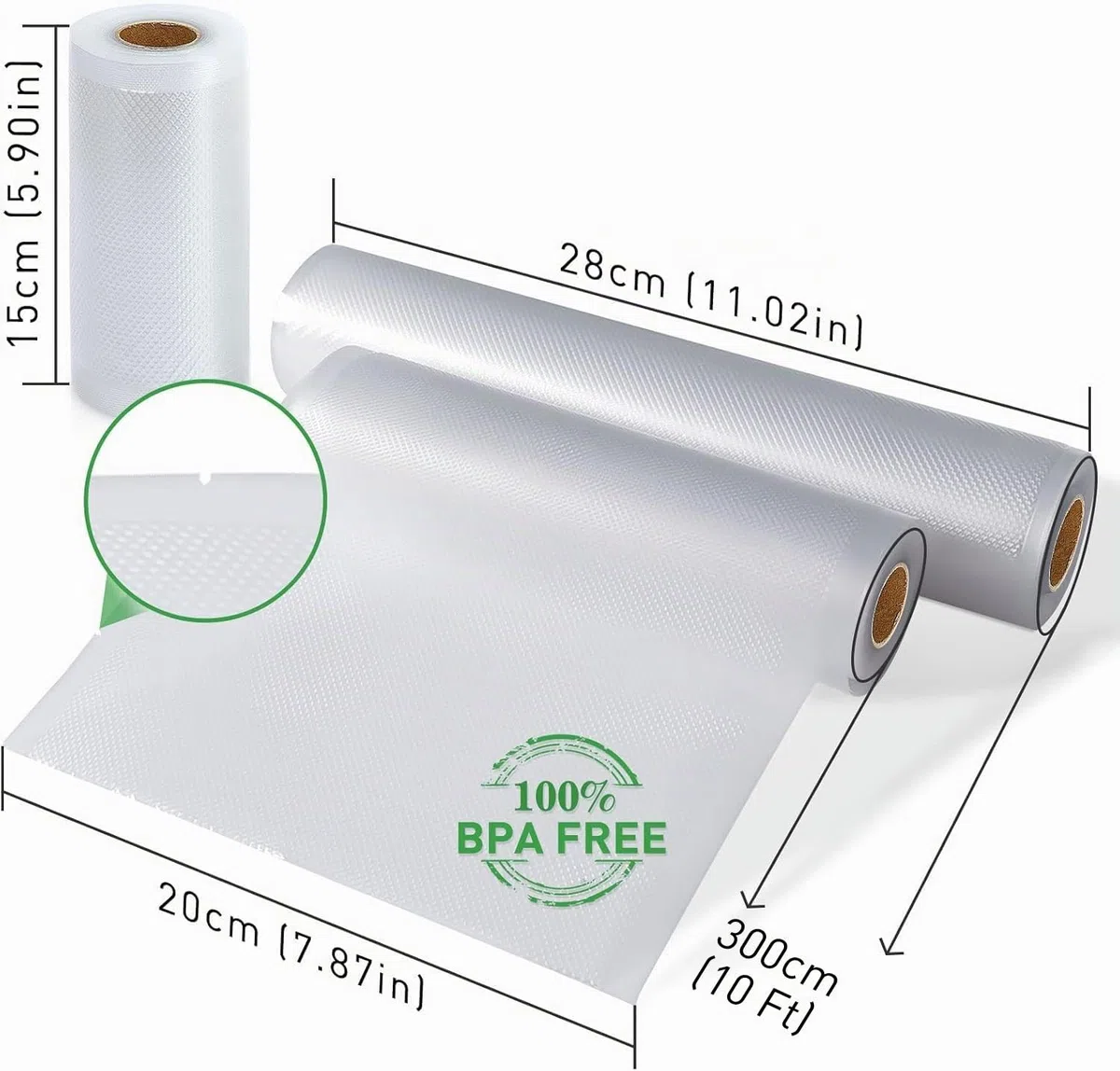 KitchenBoss Sacchetti Sottovuoto per Alimenti：Rotoli Sottovuoto Alimenti Goffrati, Buste Sottovuoto Alimenti senza BPA per Macchina Sottovuoto e Cottura Sous Vide, 8 Rotoli 20x3/28x5/x300cm