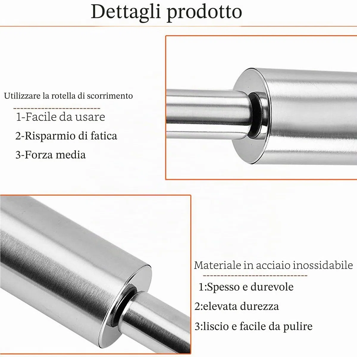 Mattarello Acciaio Inox, Rolling Pin, Antiaderente per Pasta di Zucchero, Ravioli, Biscotti, Tortellini, Dolci e Pizza, Pasta Sfoglia