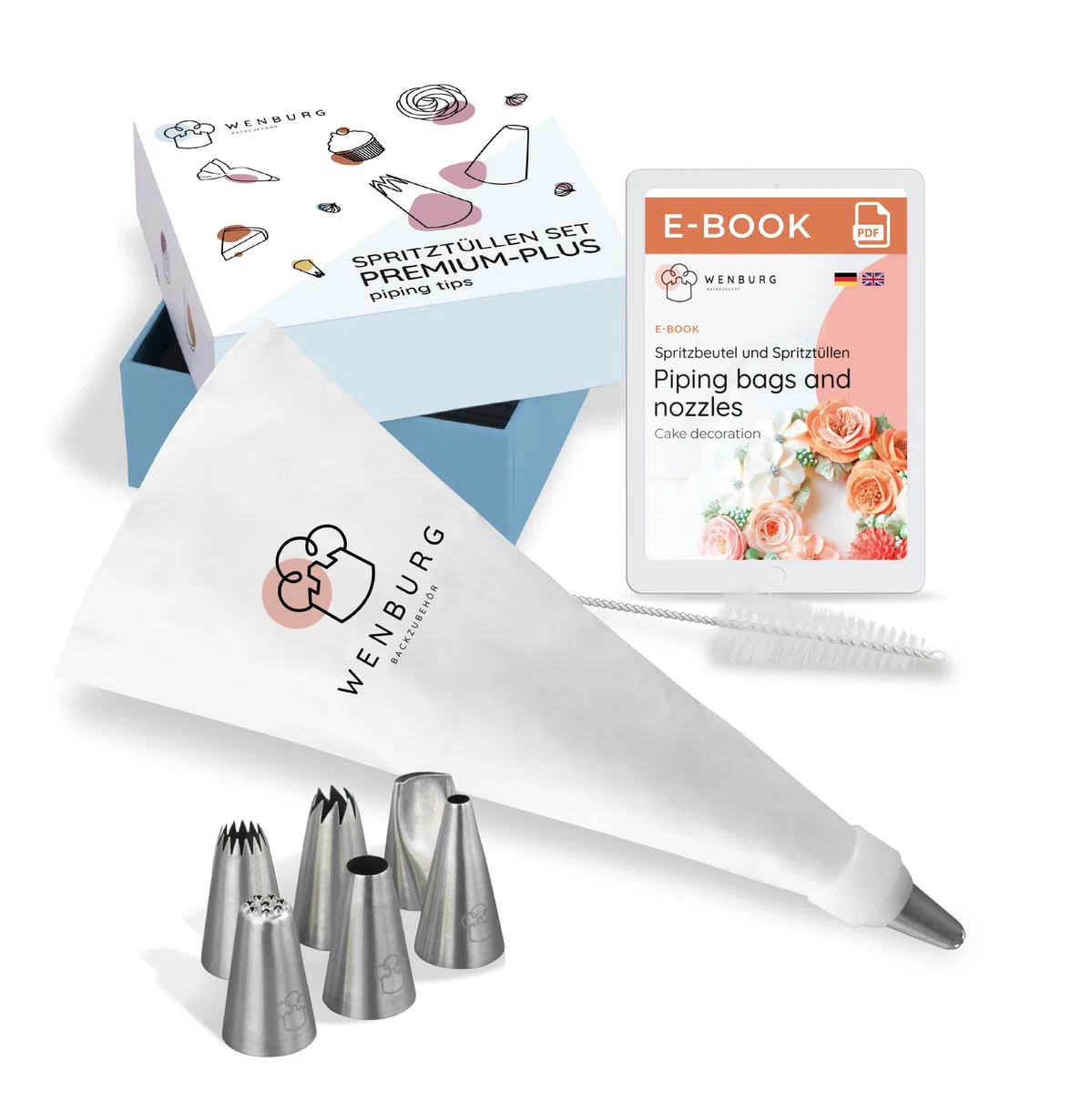 Wenburg Sacca a Poche per Dolci - 7 Ugelli per Tubazioni - Sac a Poche in Cotone da 40 cm - Bocchette Professionali in Acciaio Inox per la Decorazione di Torte, Cupcake e Biscotti (Set Premium Plus)