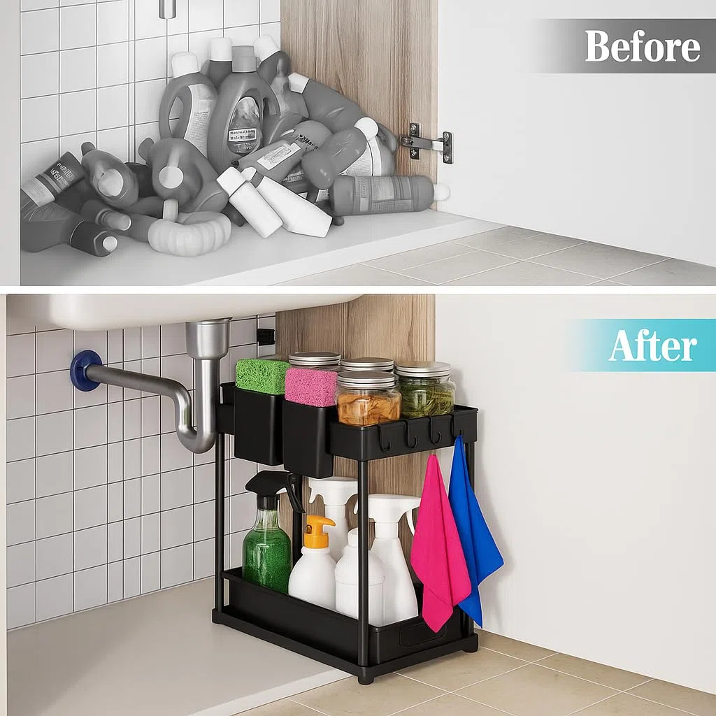 Generico Organizer Sottolavello Cucina Bagno con Cassetti Estraibili, Porta Detergenti e Accessori, Scaffale Salvaspazio Multiuso, Struttura Robusta, Facile da Montare, Design Moderno