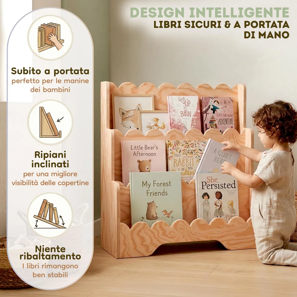 smartwood Libreria Montessoriana per Bambini - Scaffale per Cameretta con 3 Scomparti di Pino Certificato FSC per Libri e Giocattoli 64x31,5x71 cm - Struttura Stabile e Montaggio Facile - LULU