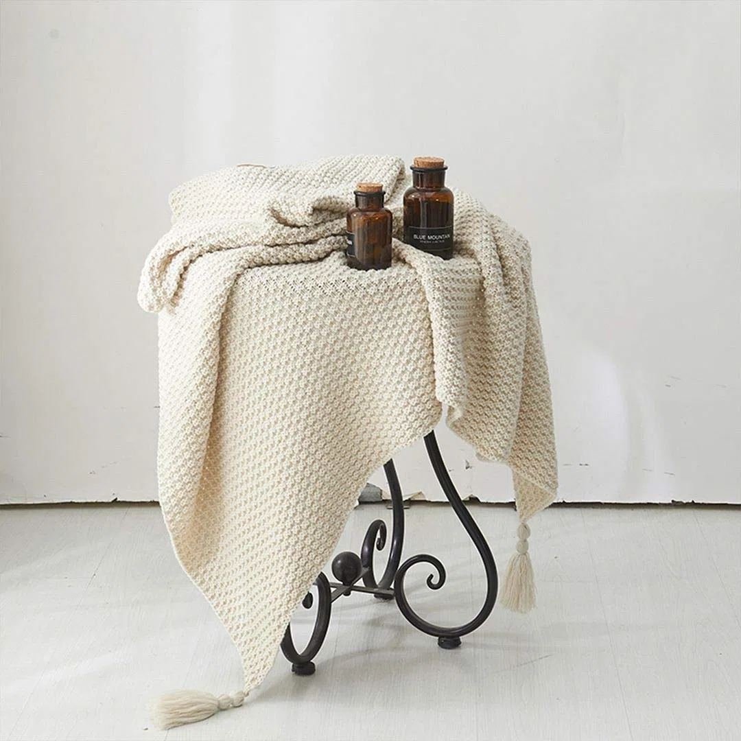 AUSTINCIAGA Coperta in maglia plaid per divano Copriletto Coperta da letto nordico Calda Morbida con frange Fatta a mano Per spiaggia Tutte le stagioni Acrilico