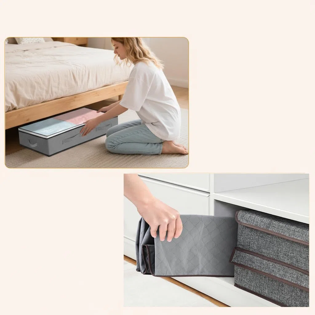Romon Scatole per Armadio, 3 Pezzi 75L Scatole per Vestiti, Scatola per Organizer Armadio Pieghevole, Scatoloni per Trasloco Contenitori Sottoletto Salvaspazio per Coperte Biancheria da Letto, Grigio