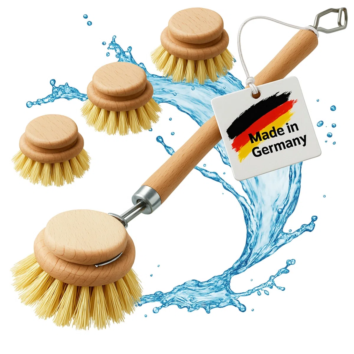 Spazzola Piatti Legno con 3 Testine di Ricambio (Set da 4) – Spazzola per Piatti Ecologica con Setole Naturali – Spazzola Cucina Biodegradabile