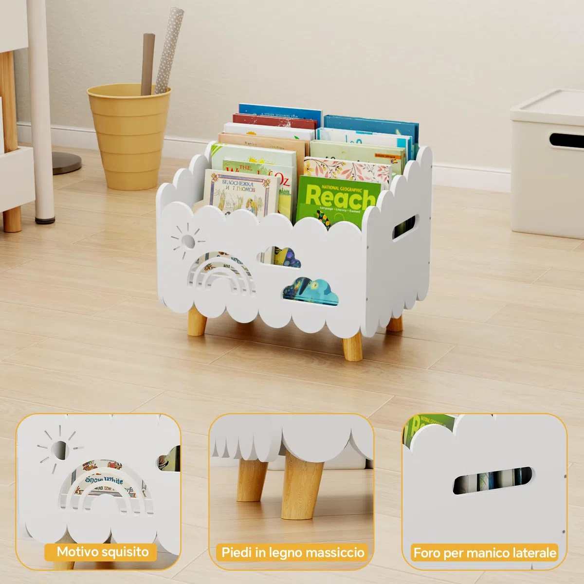 Libreria Montessoriana per Bambini Legno, Porta Libri Contenitore Giochi da Terra, per Cameretta Bambini e Stanza dei Giochi, Scatola Porta Oggetti, Espositore Libri