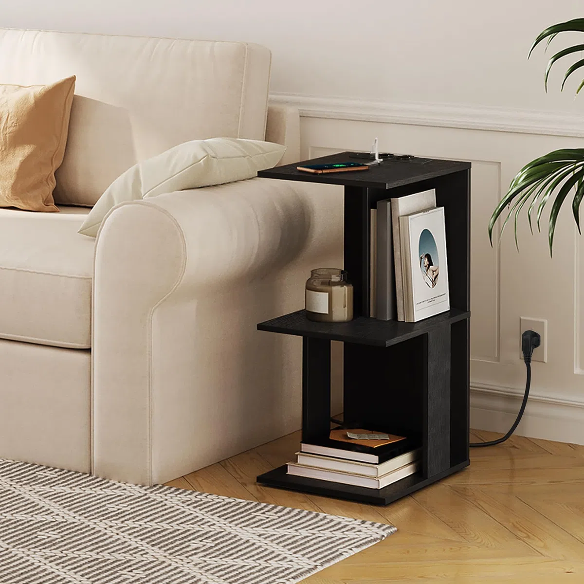 MAHANCRIS Tavolino a Forma di C con Luce a LED a Sensore Ricaricabile, Tavolino da Divano con Ripiano Portaoggetti, Nero, 38 cm x 28 cm x 62 cm