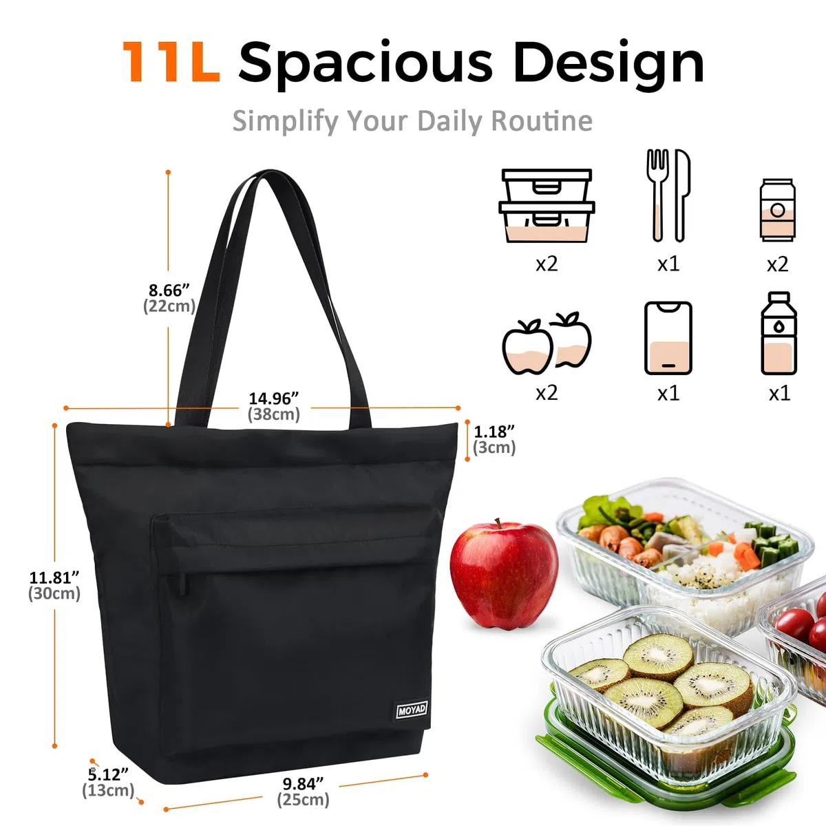 Moyad Borsa Termica Porta Pranzo 11L, Borsa Frigo Isolata Impermeabile per Ufficio, Lavoro e Picnic, Lunch Bag Pieghevole e Leggera con Tasca Frontale per Uomo e Donna, Nero