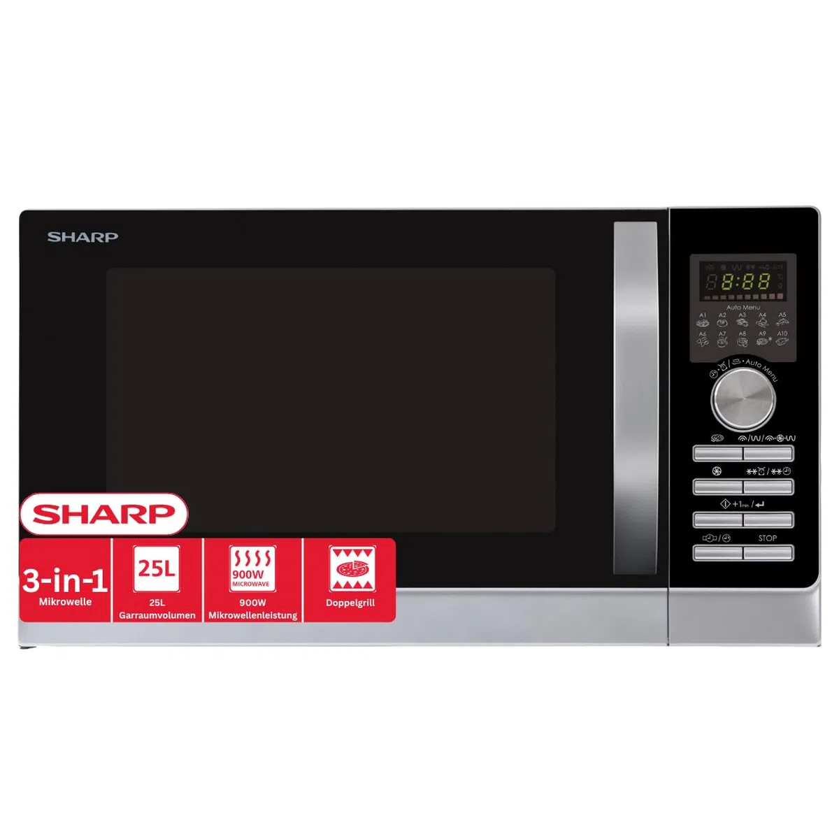 Sharp R843INW microonde 3 in 1 con aria calda, grill e convezione / 25 L/1000 W grill / 2500 convezione / 10 programmi automatici / programma pizza / piatto rotante in metallo (30 cm) / argento
