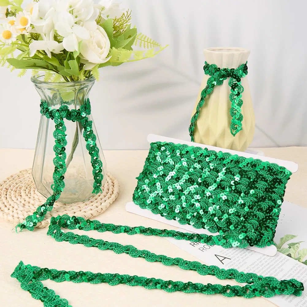 11M Nastro di Paillettes Verde Ricamo Glitter Paillettes Nastri di Poliestere Strisce Ondulate Rotonde Piatte per Cucire Decorazioni Natalizie Confezionamento Regalo Forniture per Artigianat