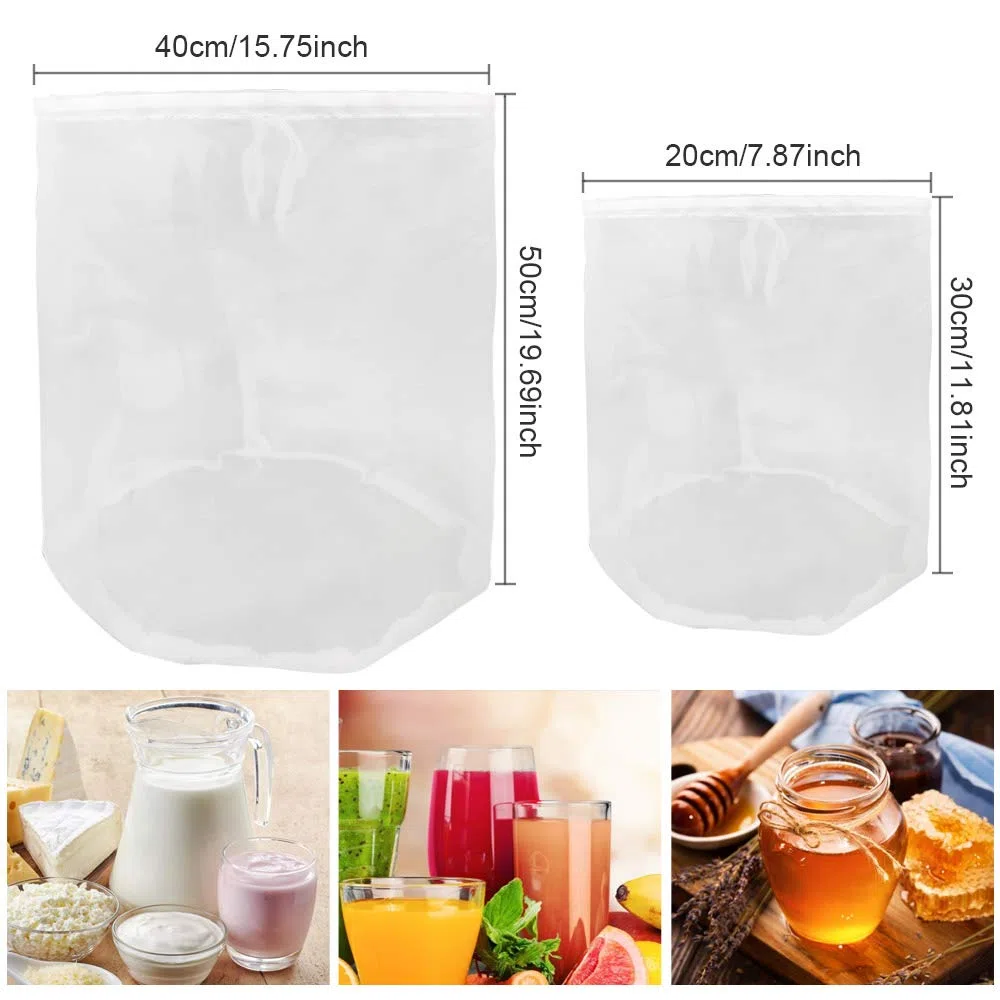 2 sacchetti filtranti in poliestere, filtro a luppolo, sacchetti per latte di noci, riutilizzabili, con coulisse, 100 micro maglie sottili, per vino, caffea, succo di frutta, marmellata