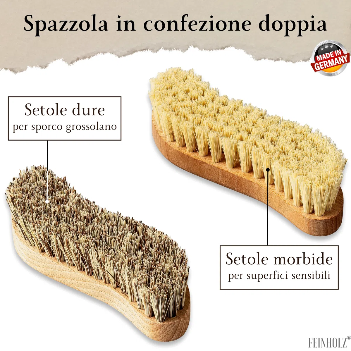 Spazzola per pulire il legno (2 pezzi) con setole naturali senza plastica - setole dure e morbide - Made in Germany - Spazzola per la pulizia della casa - spazzola per tappeti