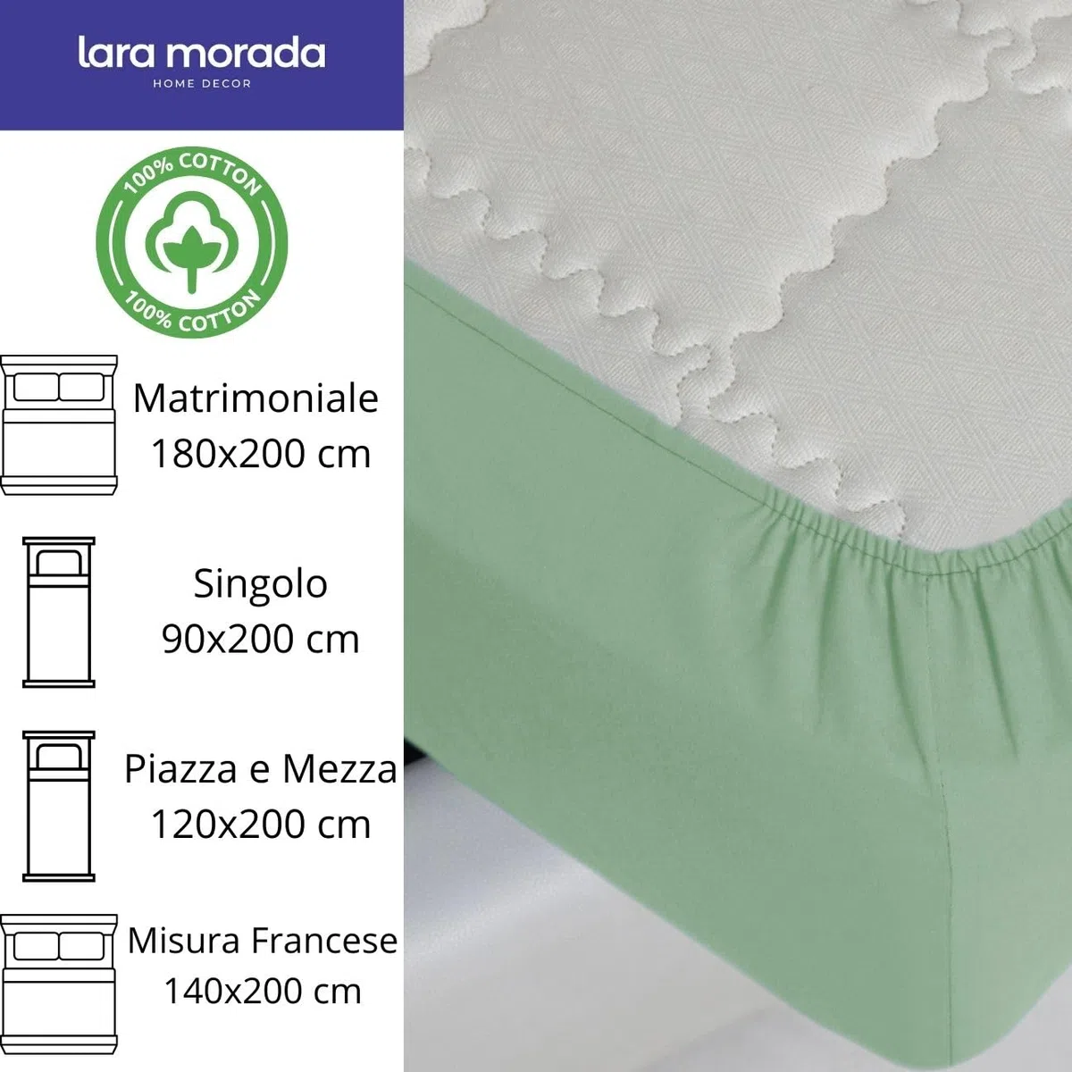 LARA MORADA - Lenzuolo Sotto Con Angoli Matrimoniale Elasticizzati, 100% Cotone, Made In Italy, Tinta Unita, Per Letto Matrimoniale 2 Posti, 180cmx200cm + 25cm, Verde Salvia