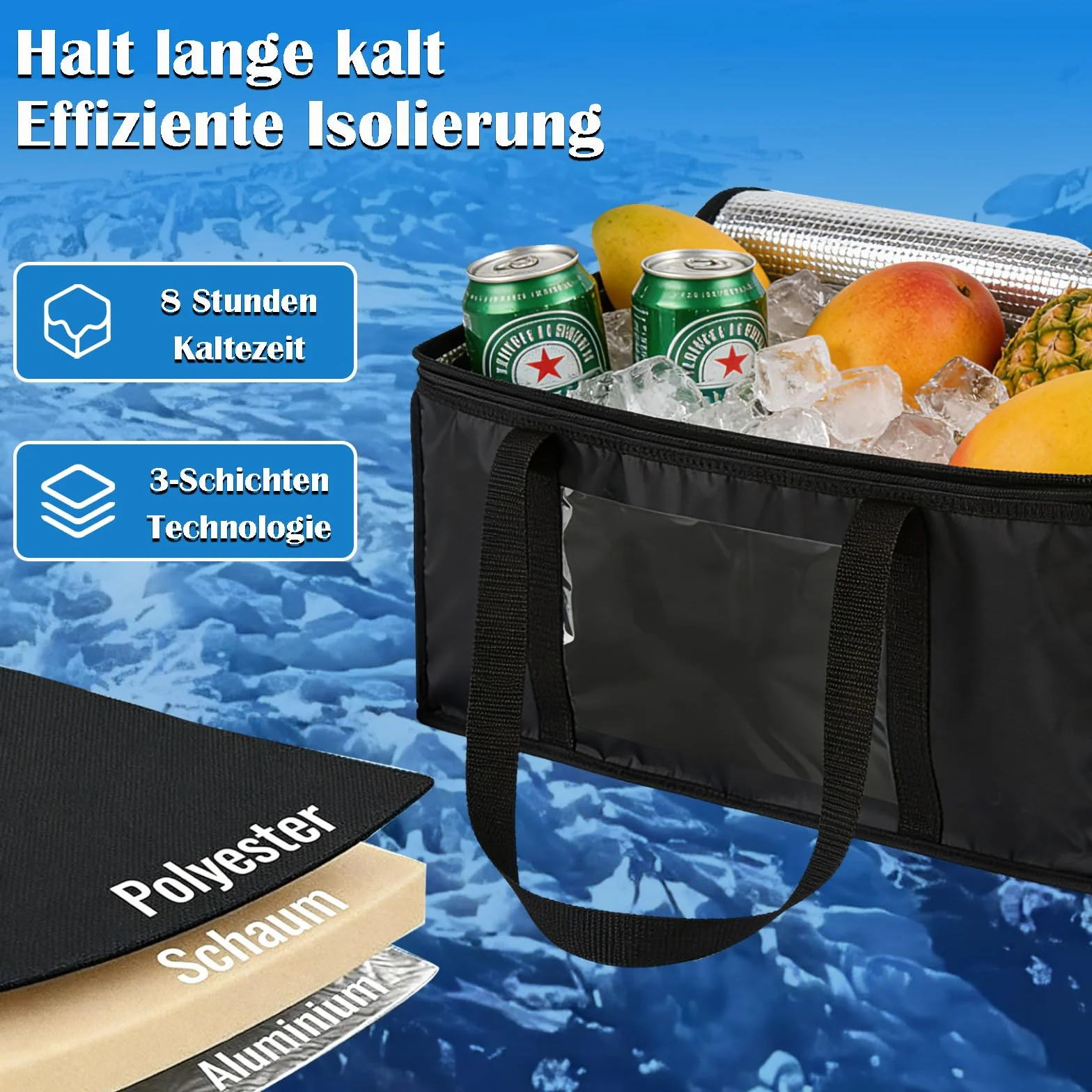 Borsa Termica Grande, 60L Borsa Termica Pieghevole, Borsa Frigo Riutilizzabili Nero, Termica Frigorifero per Picnic Portatile, per Picnic, Campeggio, BBQ all'Apert, Viaggi, Spiaggia, Shopping
