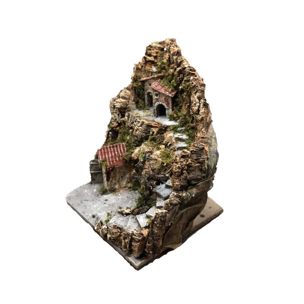 Presepe Completo illuminato natalizio con capanna e grotta per statuine artigianali, 38x38x38 cm