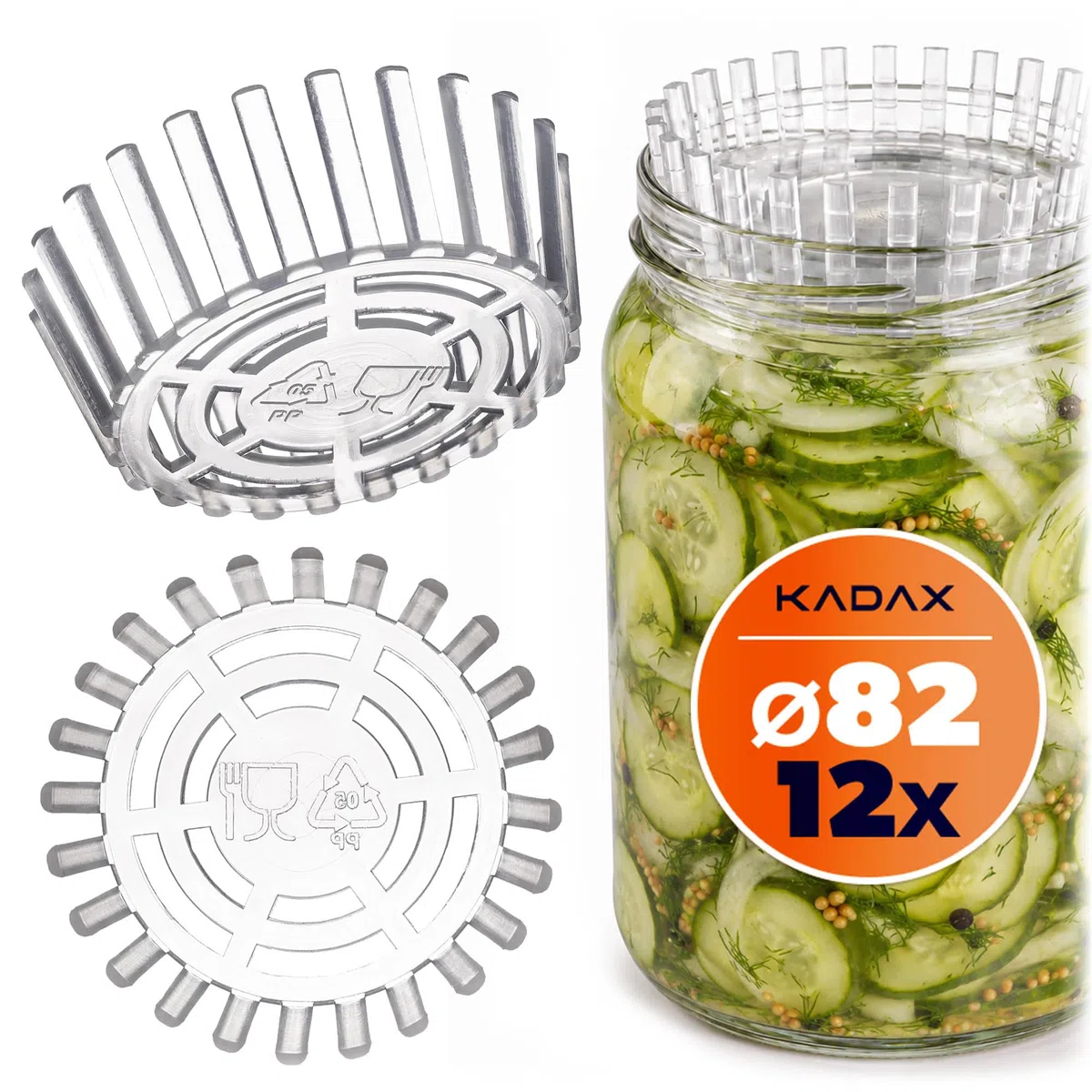 KADAX Pesi di Fermentazione – Set da 12 | Accessorio fi 82 mm con Rete per Barattoli TO82 | Inserto Plastica per Crauti, Kimchi & Cetriolini | senza BPA