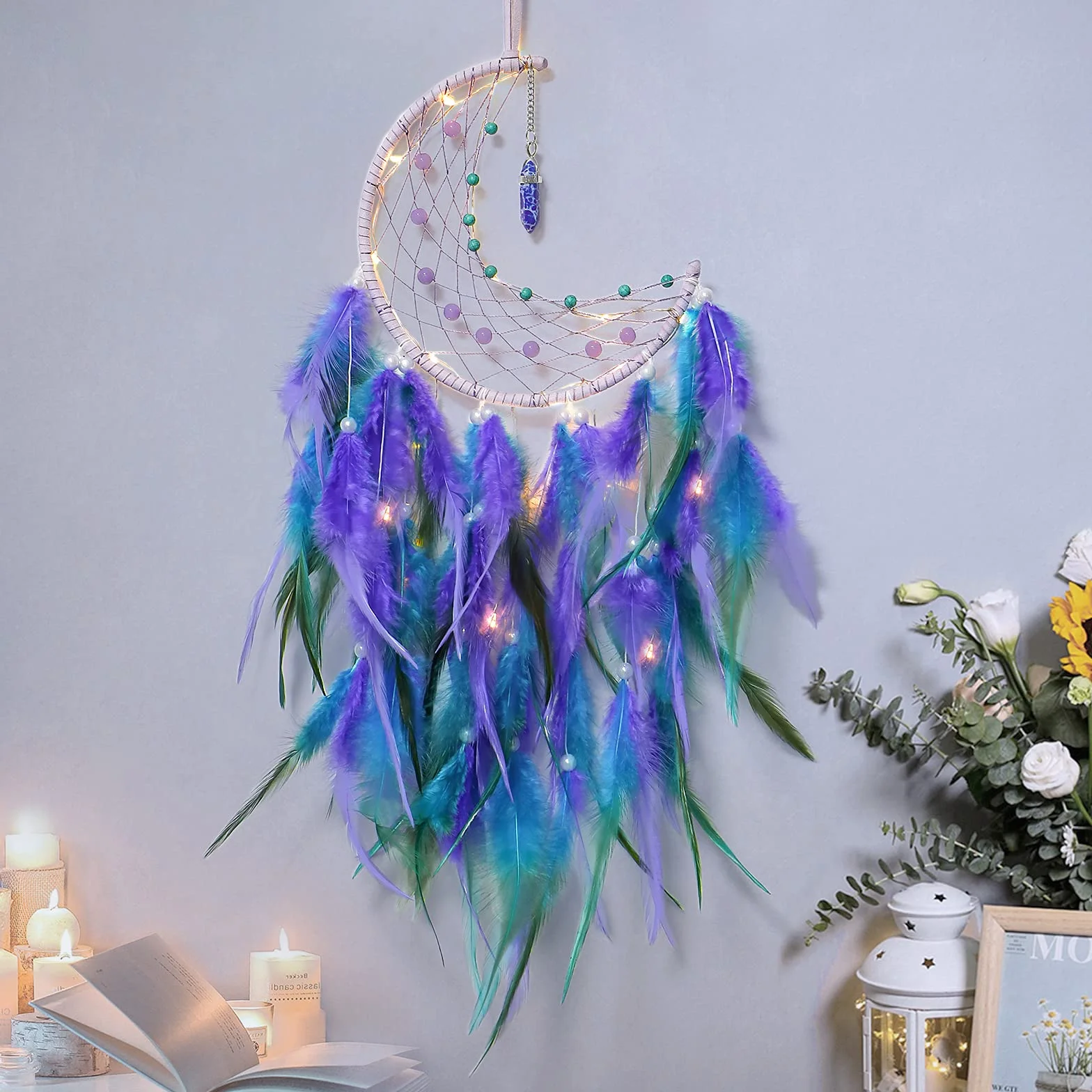 Dremisland Acchiappasogni con Luci Fatate Pipistrello Rosa Dream Catcher per Bambini Asilo Fatto a Mano Appeso a Parete Ornamento Festival Decorazione da Parete