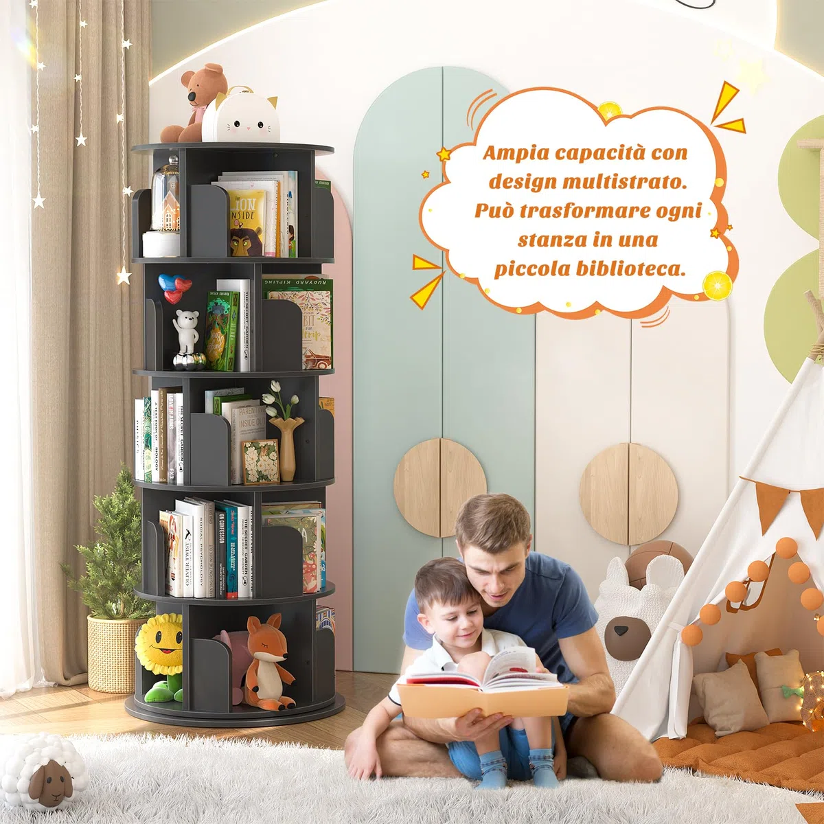 iSunirm Libreria Girevole,Scaffale Per Libreria Da Terra A 5 Livelli,Scaffale Portaoggetti per Bambini e Adulti,Stretto In Legno Per Camera Da Letto, Soggiorno,Nero