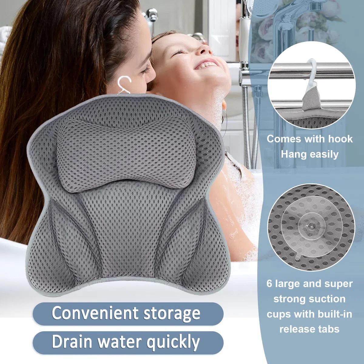 Amzeeniu Cuscino da Bagno,Nuovo Cuscino Per Vasca Da Bagno 4D Air Mesh con 6 Ventose,Cuscini Poggiatesta da Vasca per Vasca da Bagno Cuscino,Home Spa Per Collo Della Vasca E Supporto Per La Schiena