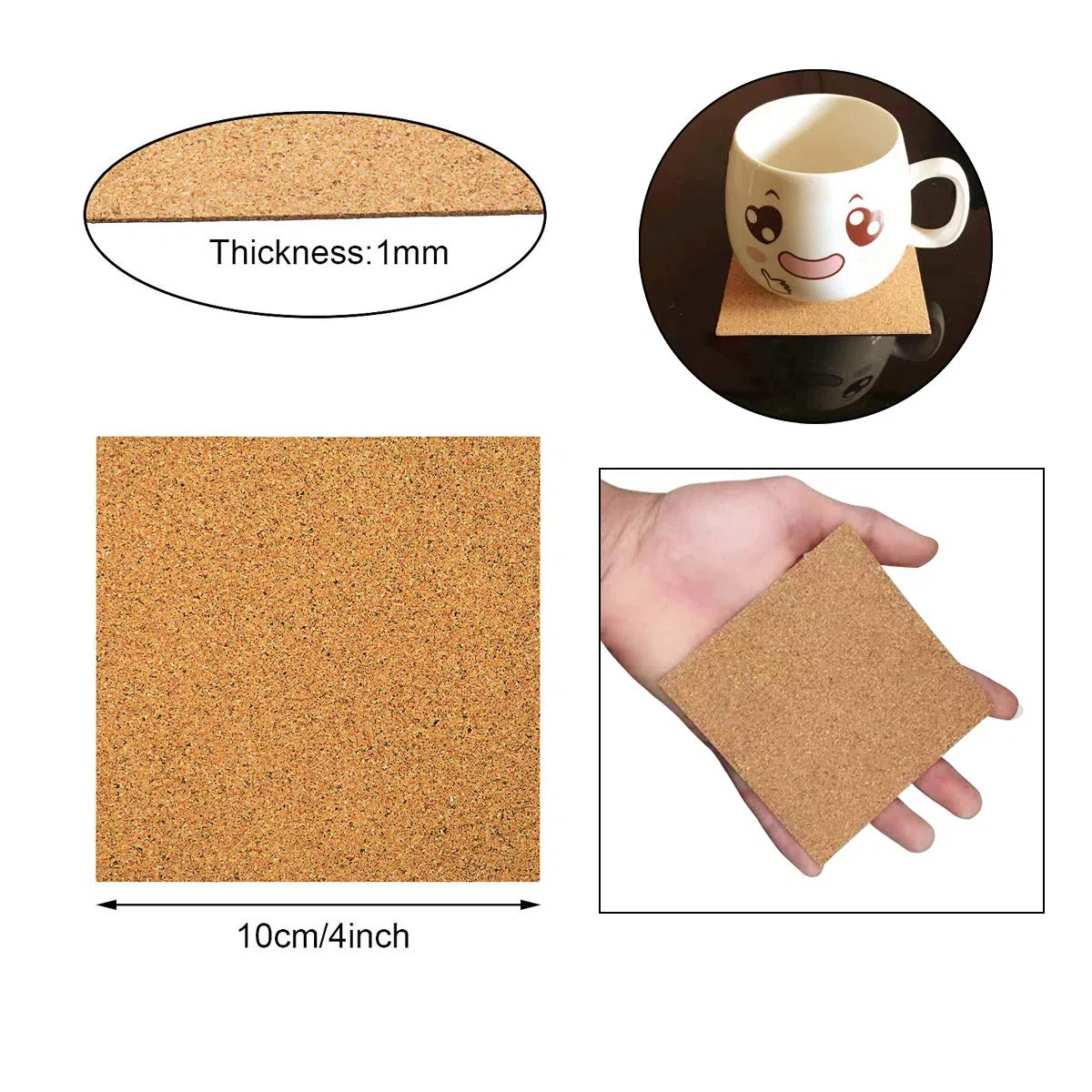 60 Pz Autoadesiva Piazza Sughero Sottobicchieri Tappetini di Fogli, Marrone Naturale, Quadrato, 10 x 10 x 0.1 cm, Per Sottobicchieri e Lavoretti Fai da Te