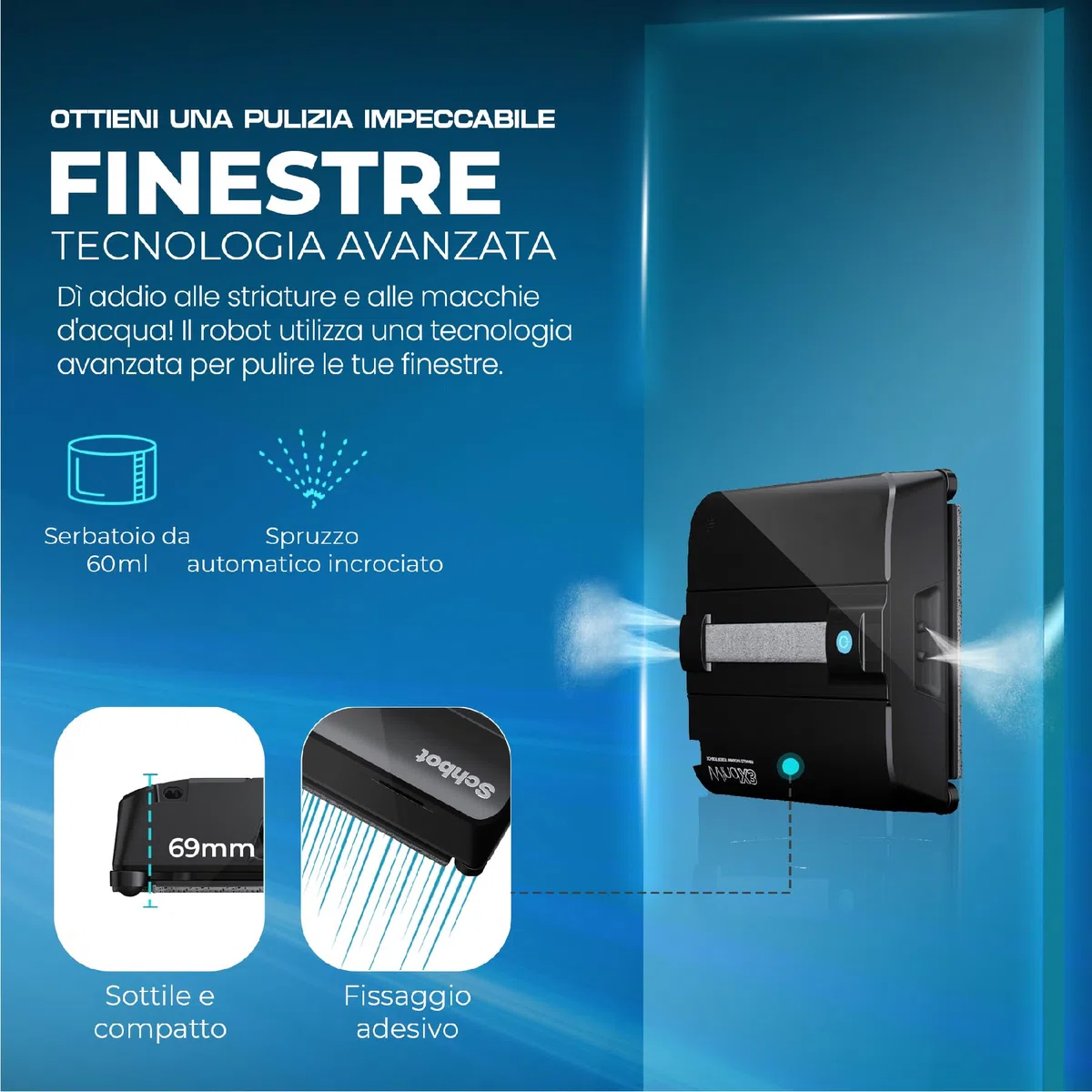 Wind X3 robot lavavetri finestre con Spray Automatico - lava vetri finestre elettrico Anticaduta per Specchi e Superfici Lisce, lavavetri elettrico Efficace Senza Lasciare Tracce