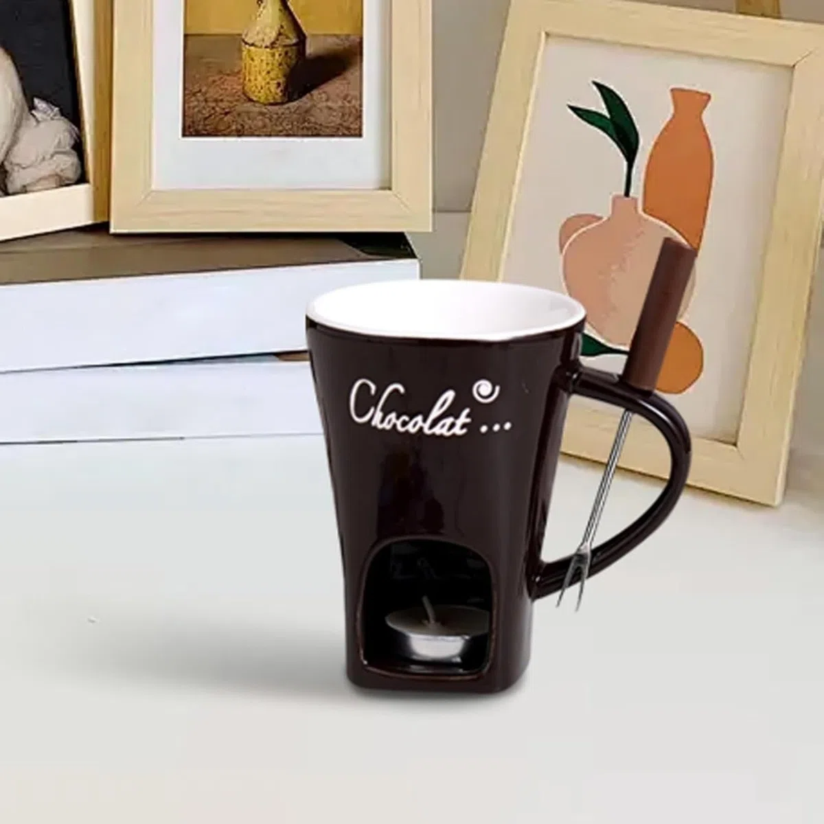 Tazza per fonduta, tazza per fonduta di cioccolato con forchetta e candela, tazza per fonduta di cioccolato per appuntamenti serali, compleanni, regali di nozze (rosso)