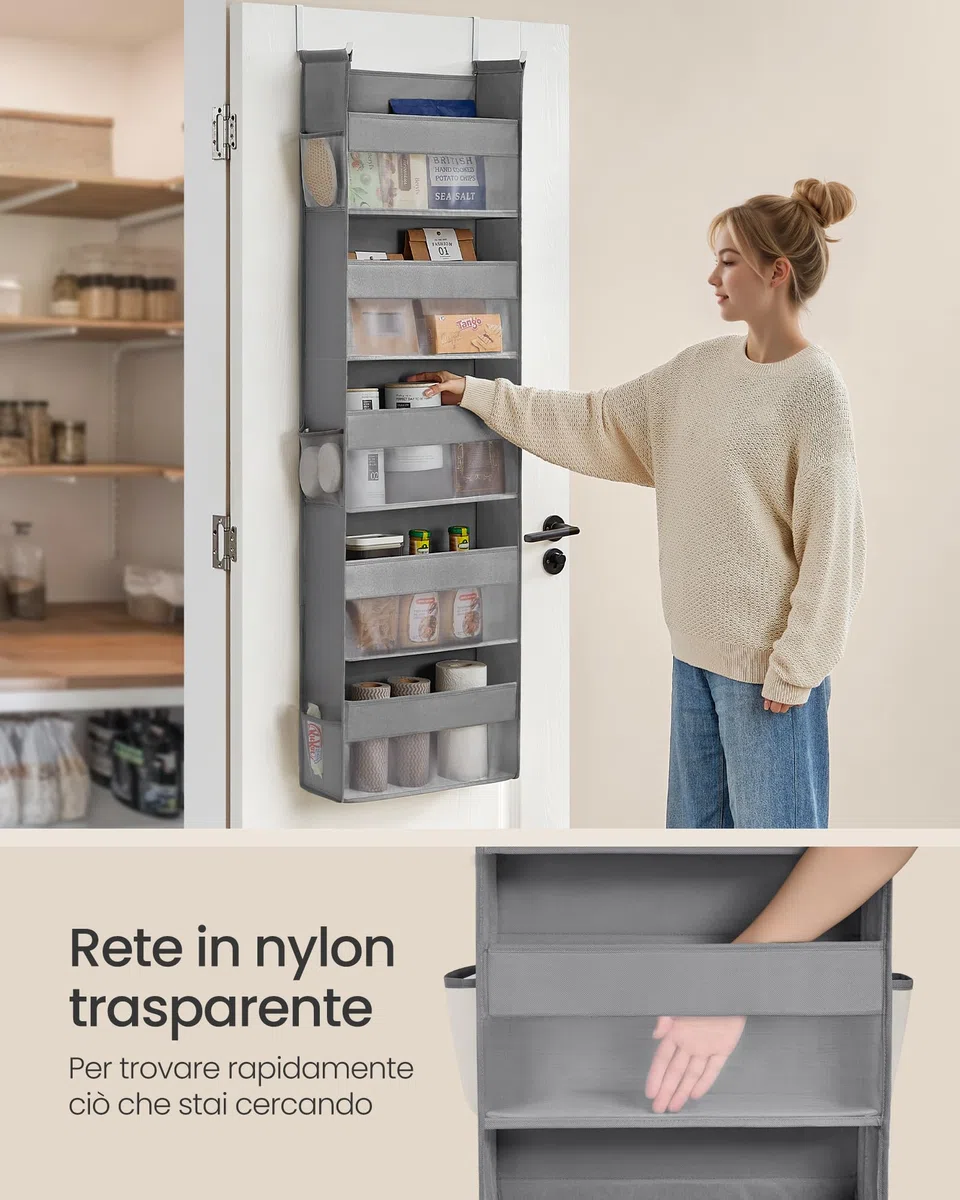 SONGMICS Portaoggetti da Appendere, Organizer da Porta in Tessuto, Rete in Nylon Trasparente, Pieghevole, Ganci in Metallo, Tasche Laterali, Grigio Tortora RDH007G01