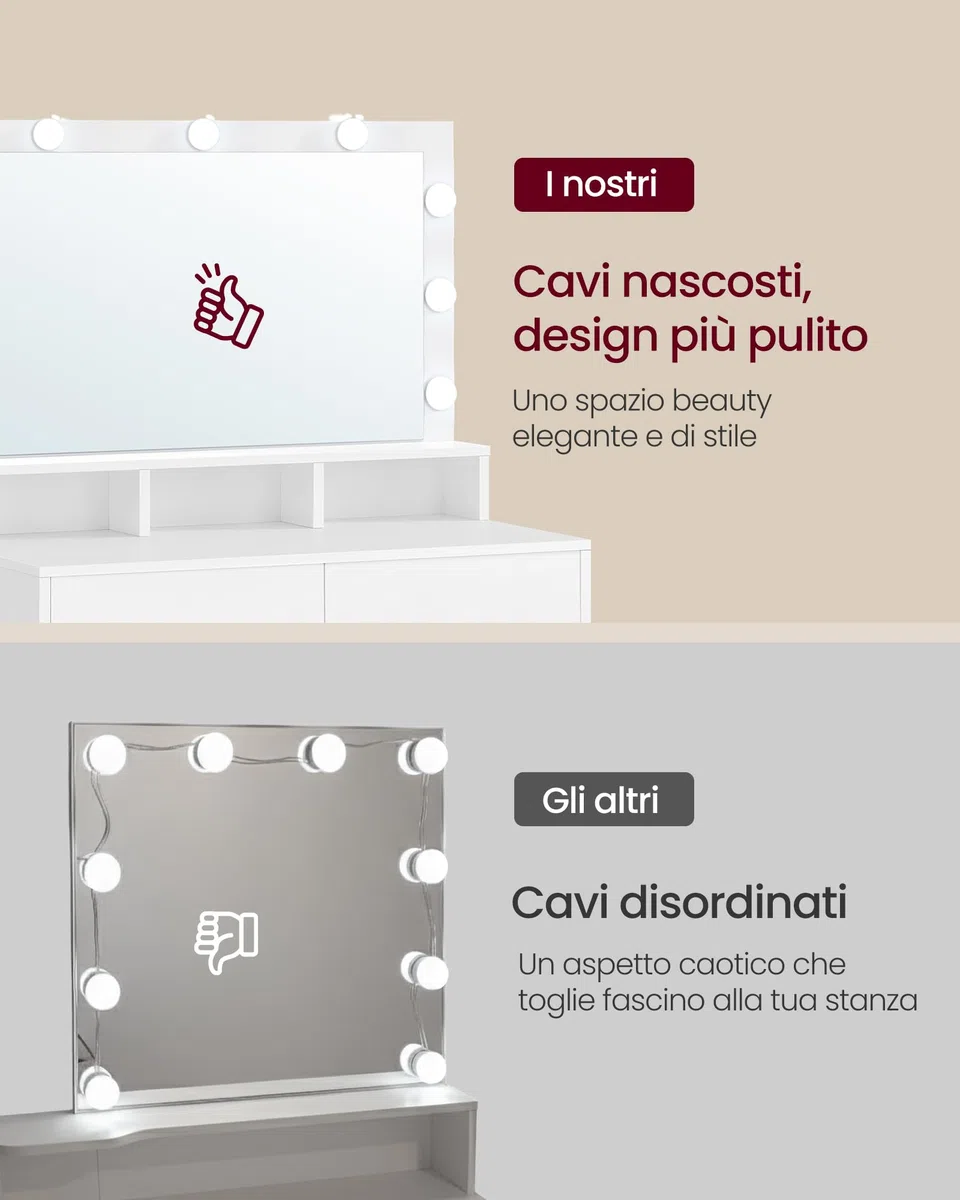 VASAGLE KAILYN Collezione - Tavolo da Trucco, Toeletta con Luce LED, Regolabile a 3 Colori, con Specchio, Tavolo Cosmetico con 2 Cassetti e 3 Scomparti Aperti, Bianco Nuvola RDT120WB01
