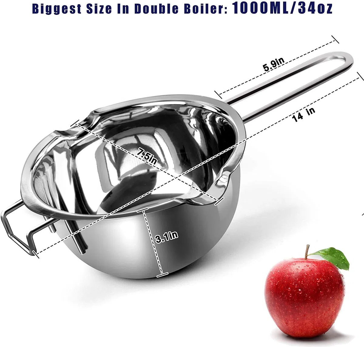 Bollitore in acciaio inox, universale, per cottura al vapore, per far fondere burro, cioccolato, formaggio, caramello (1000 ml)