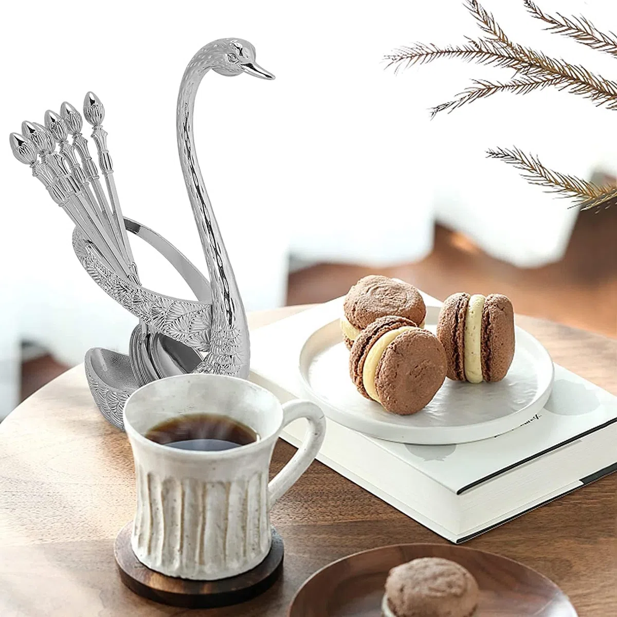 6 cucchiai da portata, cucchiaini da caffè in acciaio inossidabile con porta utensili porta cucchiaio a forma di cigno per piano di lavoro(Silver)