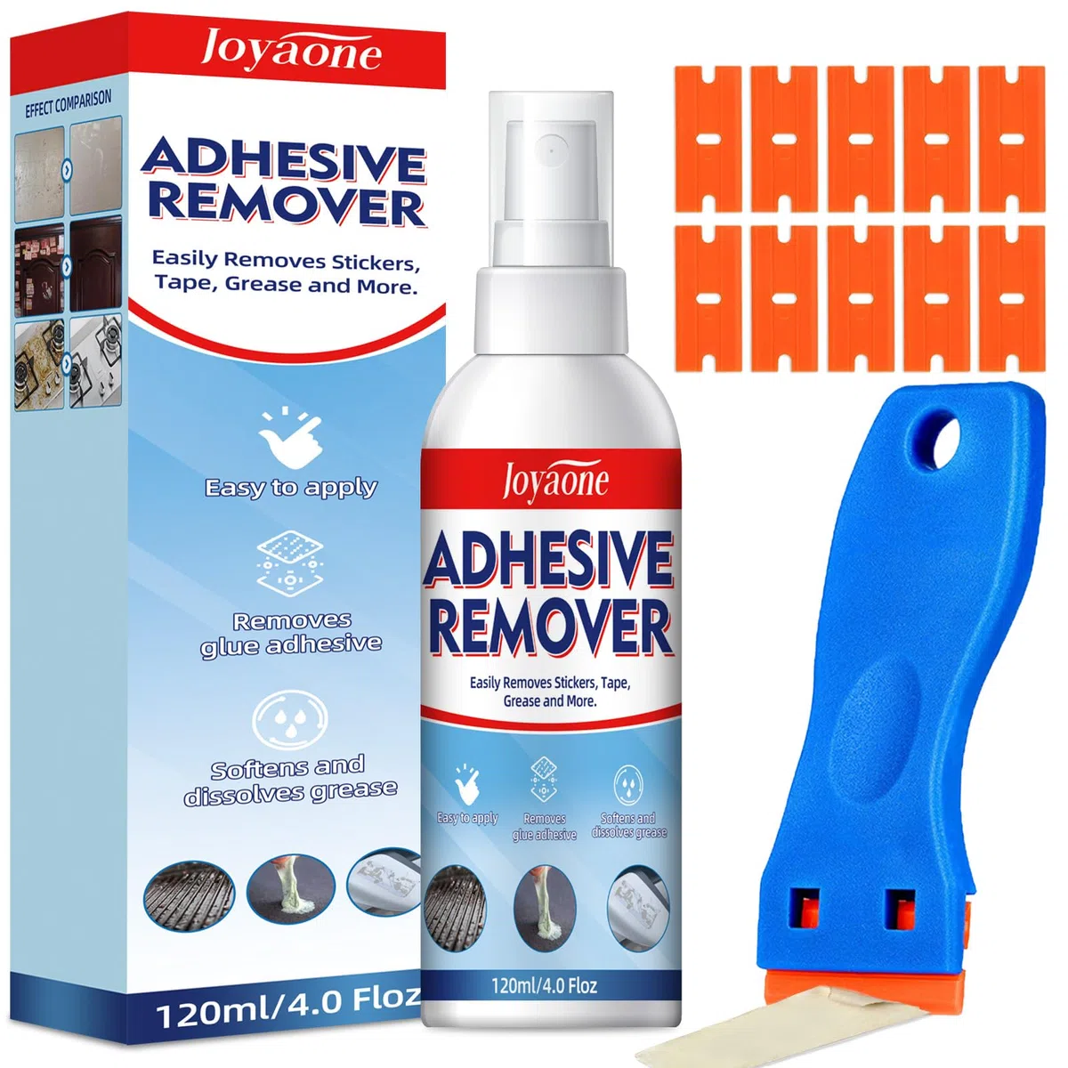 Rimuovi-colla 120 ml, Rimuovi-adesivi con raschietto in plastica, Formula sicura per superfici, Detergente ad azione rapida per etichette, decalcomanie, nastro adesivo, residui e macchie ostinate