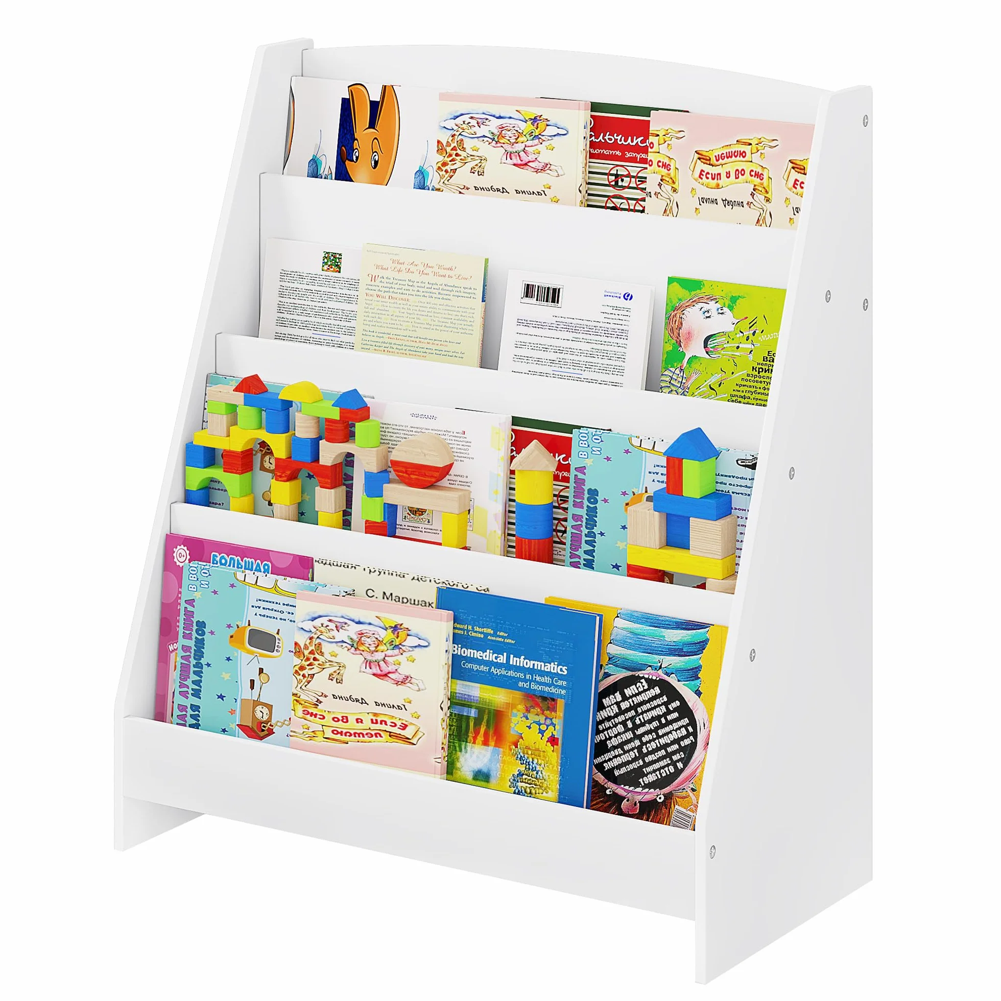Lestarain Libreria Montessoriana per Bambini in Legno, Mobiletto Porta Libri con 4 Scomparti Aperti, Scaffale da Terra per Cameretta, Bianco, 61x30x70 cm