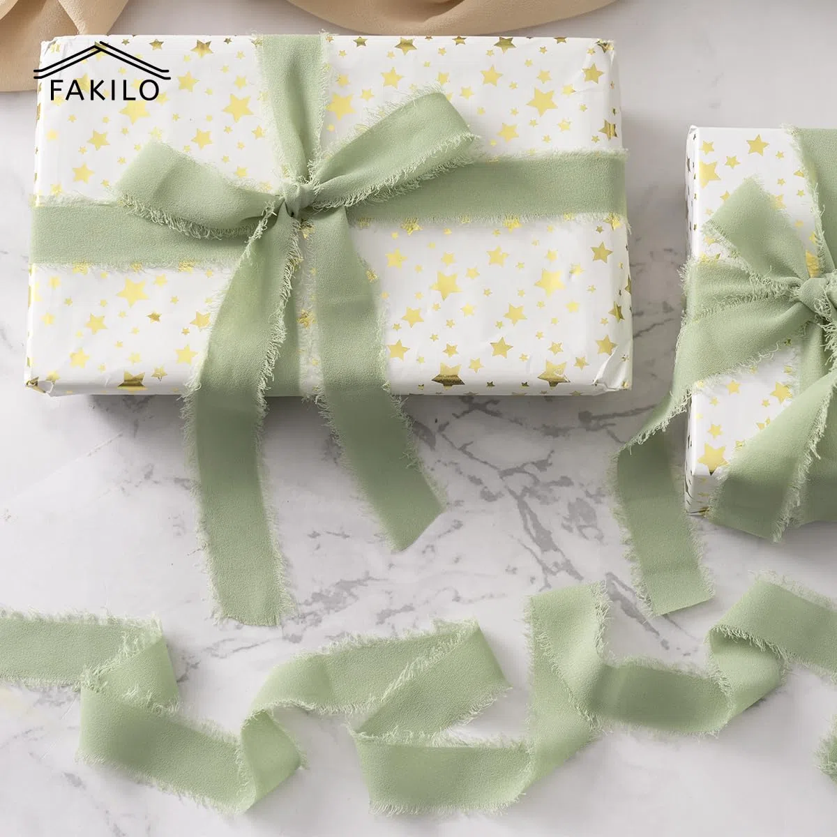 Nastro in Chiffon Frange Fatto a Mano 4 Rotoli 1'' X 5 Yd Verde Chiaro, 20 Yd Nastro di Seta per Inviti di Nozze, Bouquet da Sposa, Confezione Regali