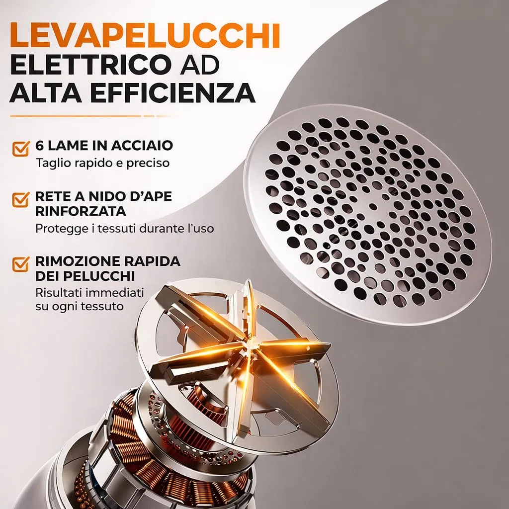 Levapelucchi Elettrico Ricaricabile USB con 6 Lame in Acciaio Inox, 3 Velocità, Contenitore 300ML, Rimuovi Pelucchi per Maglioni, Cappotti, Divani e Tessuti, Batteria 1200mAh, Spazzola Pulizia