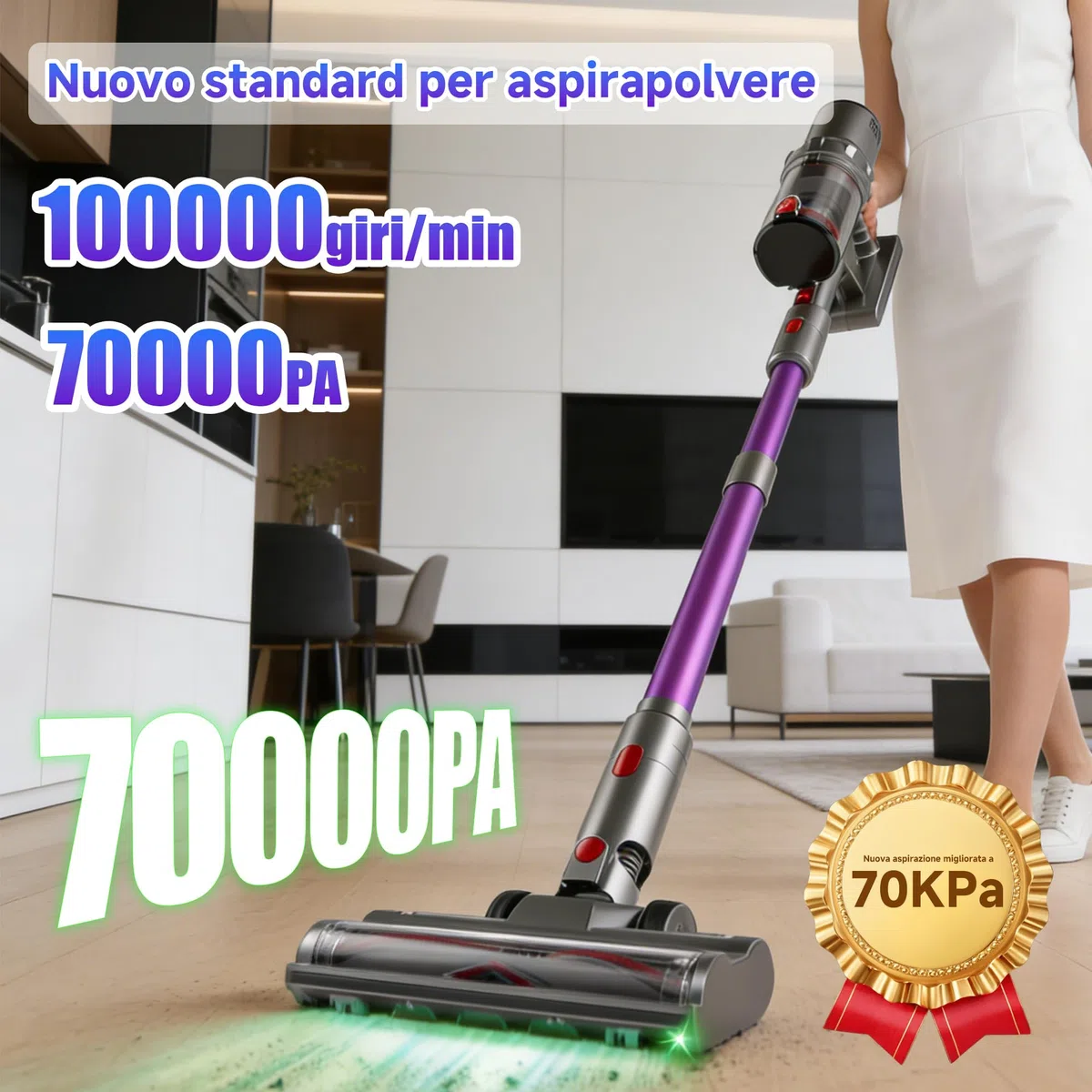 Hearten Aspirapolvere senza Fili, 70000Pa/70Min, con Display LED, Spazzola Anti-Groviglio a V, Funzionamento One-Touch, Autoportante, Ideale per Tappeti, Pavimenti Duri e Peli di Animali