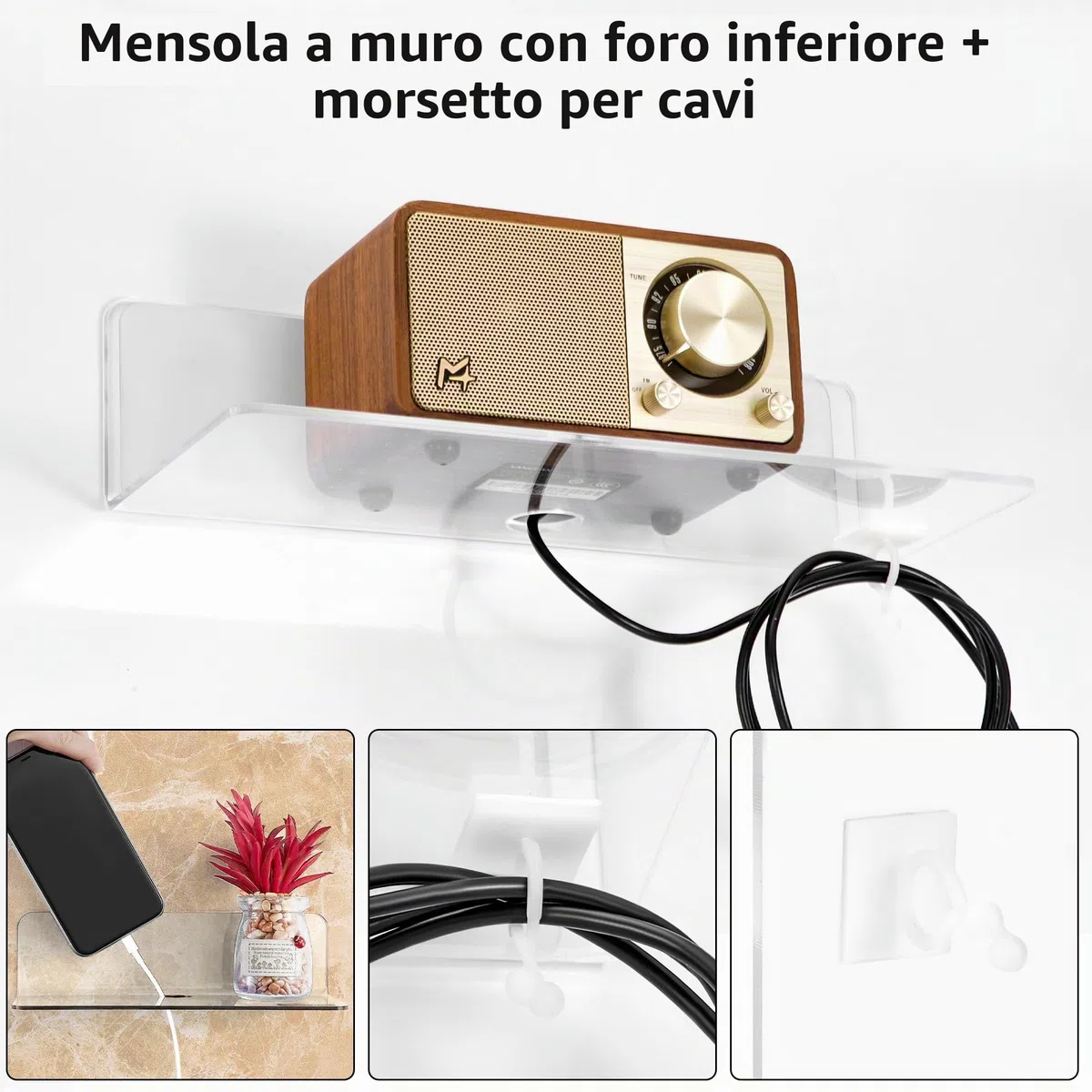 Mensola da Parete, 2 Pezzi Mensola Adesiva da Muro, Mensolina Galleggiante in Acrilico, Portaoggetti Scaffale da Parete, Senza Foratura Muro, per Bagno Soggiorno Cucina Ufficio, Trasparente